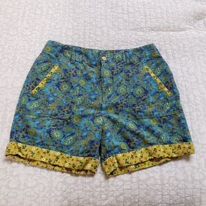 Sundance Floral Patterned Green and Blue Linen And Cotton Women's Shorts Size 12